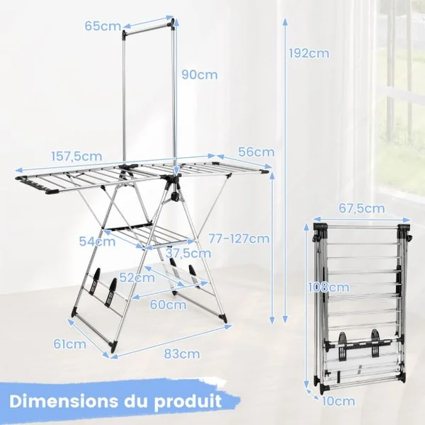 Étente à Linge en Aluminium de Style Papillon 6 Niveaux de Hauteur Réglable Design de Cintre Haut Pliable pour Vêtements Serviettes Chaussures