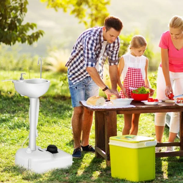 Évier de Camping à Roulette avec Réservoir d'Eau de 17 L Pompe à Pied Porte-serviettes Distributeur de Savon Inclus