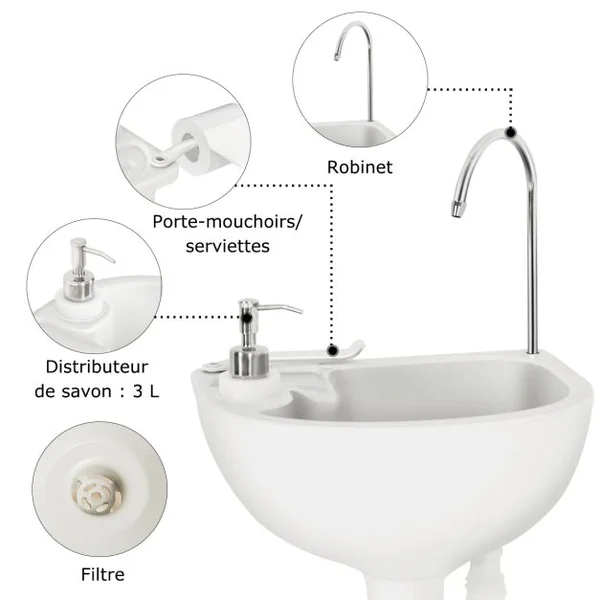 Évier de Camping à Roulette avec Réservoir d'Eau de 17 L Pompe à Pied Porte-serviettes Distributeur de Savon Inclus
