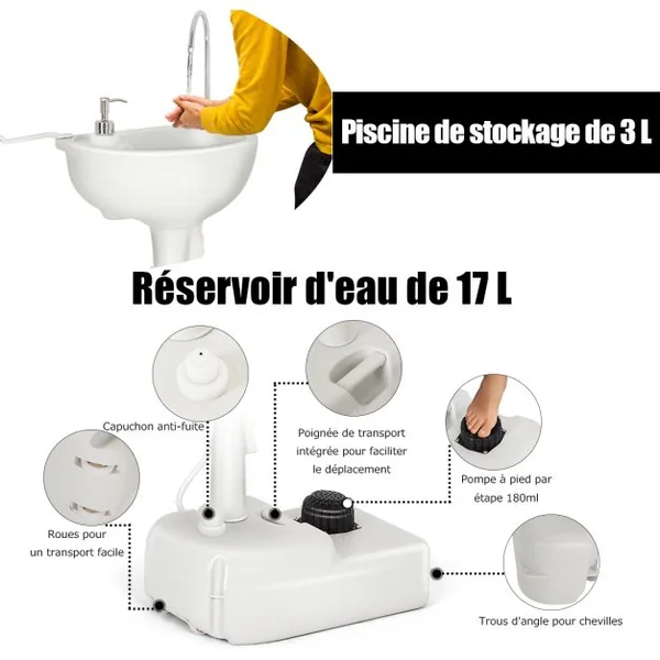 Évier de Camping à Roulette avec Réservoir d'Eau de 17 L Pompe à Pied Porte-serviettes Distributeur de Savon Inclus