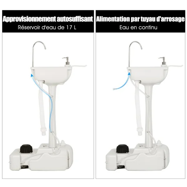 Évier de Camping à Roulette avec Réservoir d'Eau de 17 L Pompe à Pied Porte-serviettes Distributeur de Savon Inclus