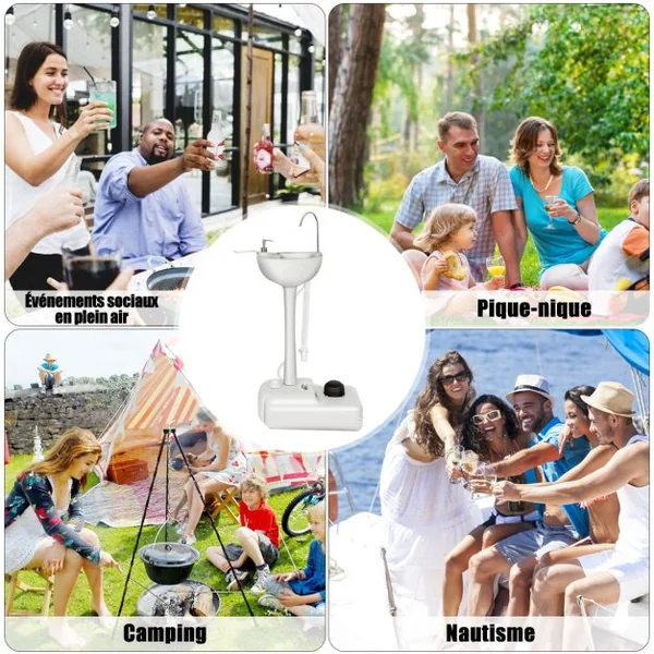 Évier de Camping à Roulette avec Réservoir d'Eau de 17 L Pompe à Pied Porte-serviettes Distributeur de Savon Inclus