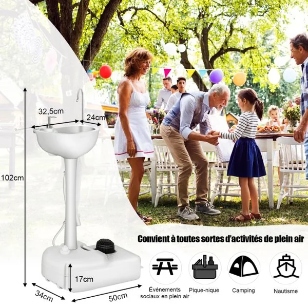 Évier de Camping à Roulette avec Réservoir d'Eau de 17 L Pompe à Pied Porte-serviettes Distributeur de Savon Inclus