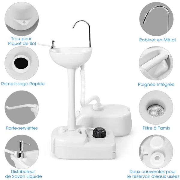 Évier à Main Portable Station de Lavage Des Mains avec Commande Au Pied avec Réservoir D'eau Douce de 17 L Roues Porte-serviettes