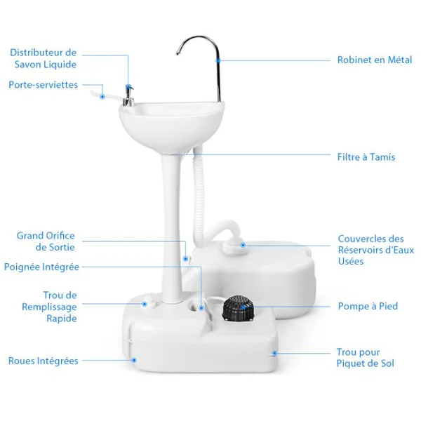 Évier à Main Portable Station de Lavage Des Mains avec Commande Au Pied avec Réservoir D'eau Douce de 17 L Roues Porte-serviettes