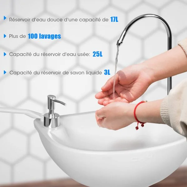 Évier à Main Portable Station de Lavage Des Mains avec Commande Au Pied avec Réservoir D'eau Douce de 17 L Roues Porte-serviettes