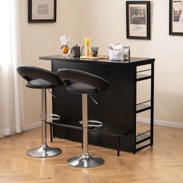 Îlot Central Industriel Table de Bar à 4 Niveaux avec 3 Étagères Ouvertes Casier à Vin et Supports pour Verres à Pied Repose-pieds Marron Rustique/Noir