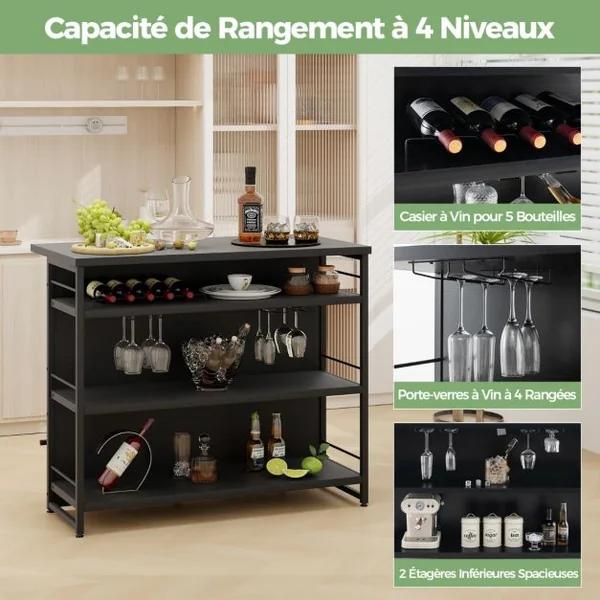 Îlot Central Industriel Table de Bar à 4 Niveaux avec 3 Étagères Ouvertes Casier à Vin et Supports pour Verres à Pied Repose-pieds Marron Rustique/Noir