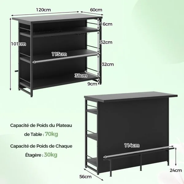 Îlot Central Industriel Table de Bar à 4 Niveaux avec 3 Étagères Ouvertes Casier à Vin et Supports pour Verres à Pied Repose-pieds Marron Rustique/Noir