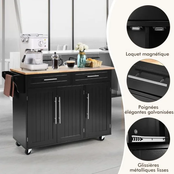 Îlot de Cuisine sur Roulettes 2 Tiroirs & 2 Placards Étagères Intérieures Ajustables Idéal pour Salle à Manger Restaurant Blanc/Café/Noir/Gris