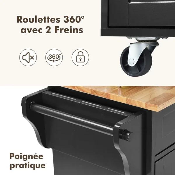 Îlot de Cuisine sur Roulettes 2 Tiroirs & 2 Placards Étagères Intérieures Ajustables Idéal pour Salle à Manger Restaurant Blanc/Café/Noir/Gris