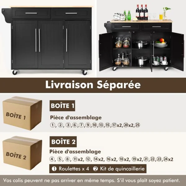 Îlot de Cuisine sur Roulettes 2 Tiroirs & 2 Placards Étagères Intérieures Ajustables Idéal pour Salle à Manger Restaurant Blanc/Café/Noir/Gris