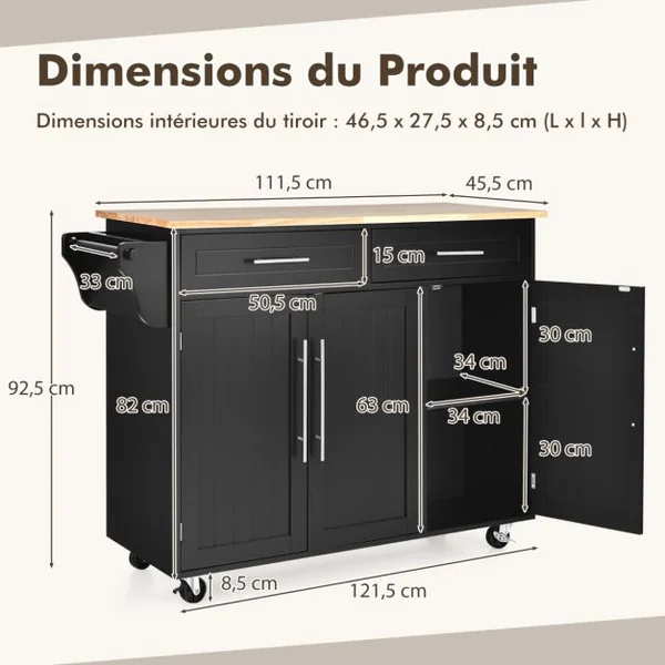Îlot de Cuisine sur Roulettes 2 Tiroirs & 2 Placards Étagères Intérieures Ajustables Idéal pour Salle à Manger Restaurant Blanc/Café/Noir/Gris