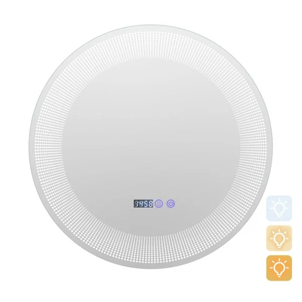 Ø 60 cm Miroir de Salle de Bain avec Motif LED Antibuée 3 Couleurs Fonction Mémoire Affichage Temps Température IP44 Argent