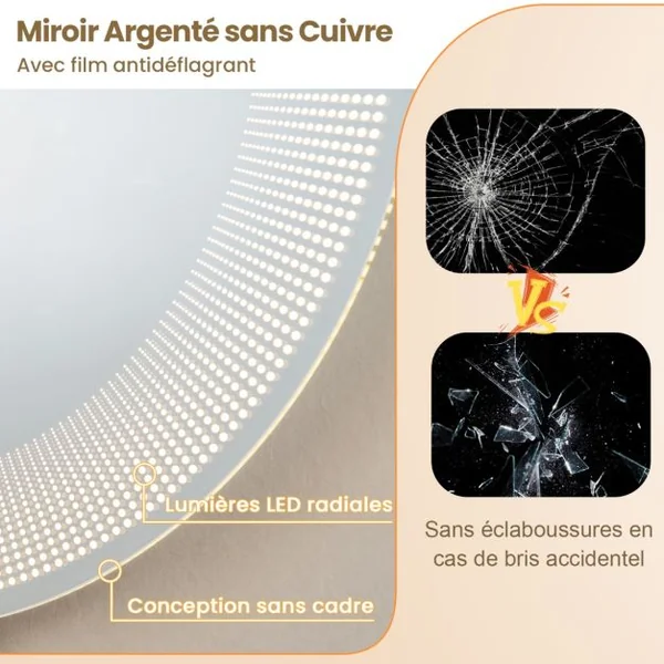 Ø 60 cm Miroir de Salle de Bain avec Motif LED Antibuée 3 Couleurs Fonction Mémoire Affichage Temps Température IP44 Argent