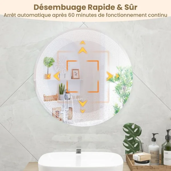 Ø 60 cm Miroir de Salle de Bain avec Motif LED Antibuée 3 Couleurs Fonction Mémoire Affichage Temps Température IP44 Argent