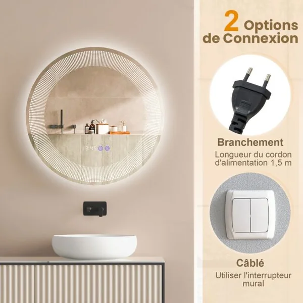 Ø 60 cm Miroir de Salle de Bain avec Motif LED Antibuée 3 Couleurs Fonction Mémoire Affichage Temps Température IP44 Argent